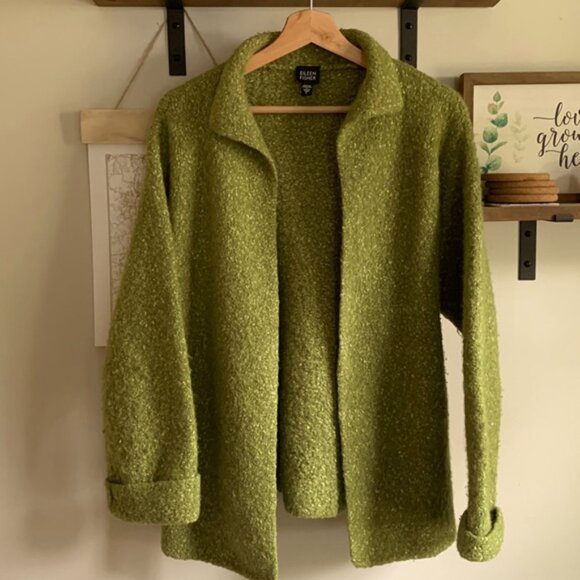 Eileen Fisher Sweaters - Eileen Fisher Green Alpaca Blend Boucle Open Cardigan size Large